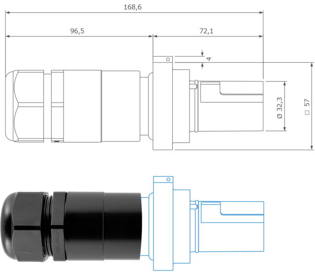 Panel drain connector   with standard backshell